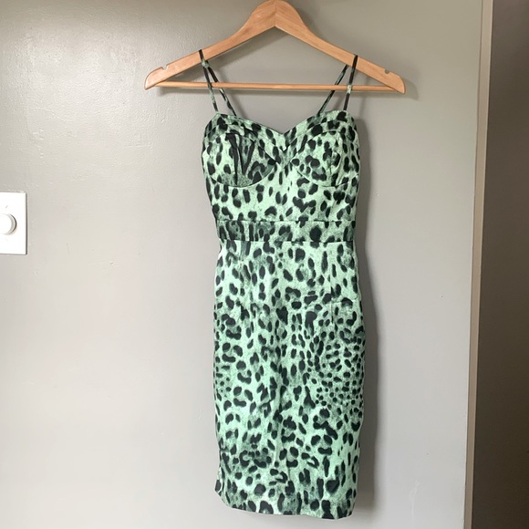 Leed Green Silky Rockabilly Cheetah Print Bustier-Style Slip Strap Dress - Picture 1 of 5